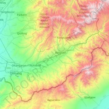 Топографическая карта Ахангаранский район, высота, рельеф