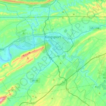 Топографическая карта Kingsport, высота, рельеф