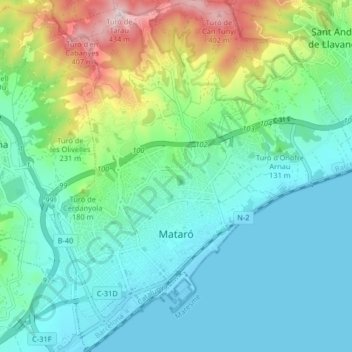 Топографическая карта Матаро, высота, рельеф