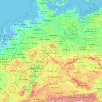 Топографическая карта Германия, высота, рельеф