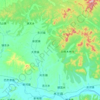 Топографическая карта Мулань, высота, рельеф