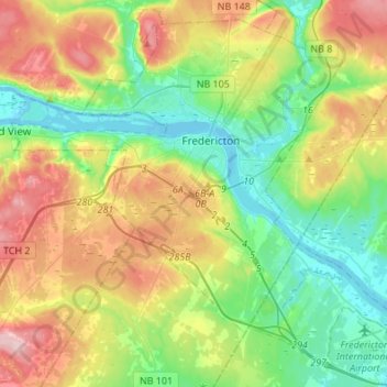 Топографическая карта Fredericton, высота, рельеф