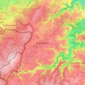 Топографическая карта Simmerath, высота, рельеф