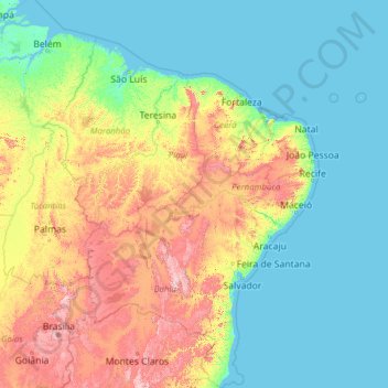Топографическая карта Região Nordeste, высота, рельеф