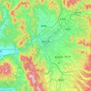 Топографическая карта Асахикава, высота, рельеф