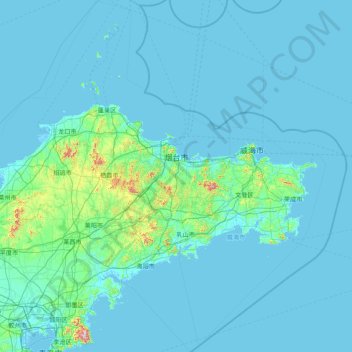 Топографическая карта 烟台市, высота, рельеф