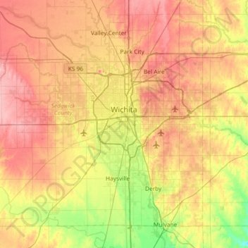 Топографическая карта Wichita, высота, рельеф