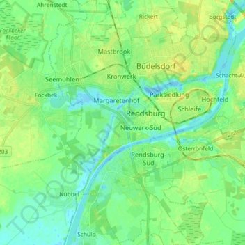 Топографическая карта Rendsburg, высота, рельеф