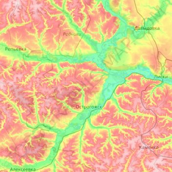 Топографическая карта Острогожский район, высота, рельеф