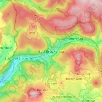 Топографическая карта Bad Brückenau, высота, рельеф