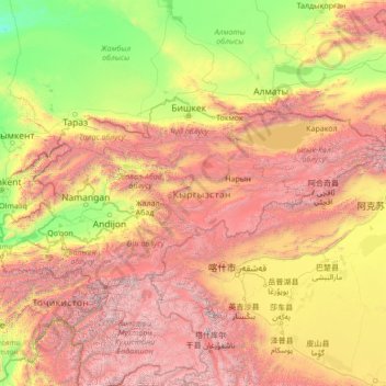 Топографическая карта Киргизия, высота, рельеф