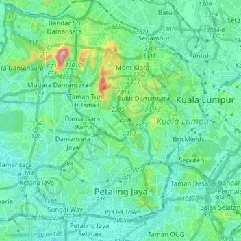 Топографическая карта Petaling Jaya, высота, рельеф