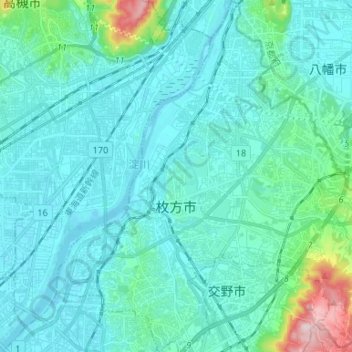 Топографическая карта 枚方市, высота, рельеф