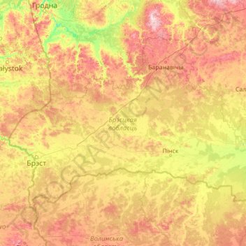 Топографическая карта Брестская область, высота, рельеф