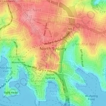 Топографическая карта North Sydney, высота, рельеф