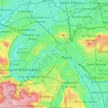Топографическая карта Париж, высота, рельеф