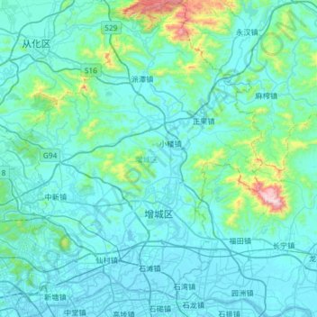 Топографическая карта 增城区, высота, рельеф