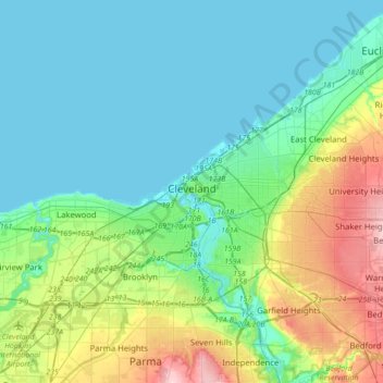 Топографическая карта Кливленд, высота, рельеф