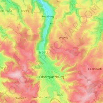 Топографическая карта Obergünzburg, высота, рельеф