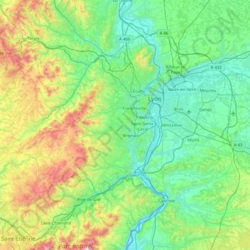 Топографическая карта Lyon, высота, рельеф