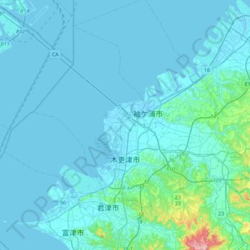 Топографическая карта 木更津市, высота, рельеф