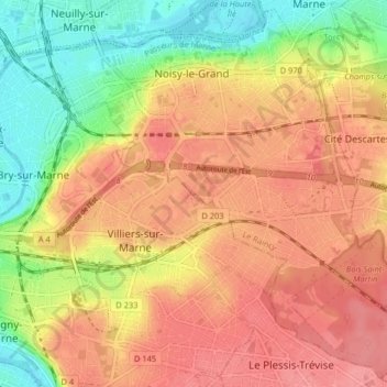 Топографическая карта Noisy-le-Grand, высота, рельеф