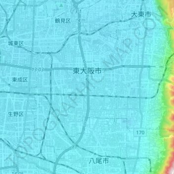 Топографическая карта 東大阪市, высота, рельеф