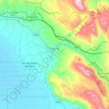 Топографическая карта Pescina, высота, рельеф