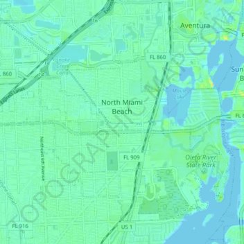 Топографическая карта North Miami Beach, высота, рельеф