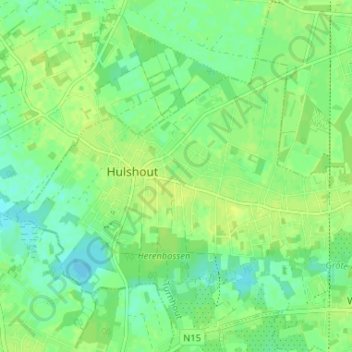 Топографическая карта Hulshout, высота, рельеф