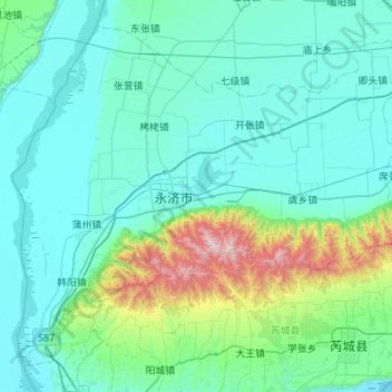 Топографическая карта 永济市, высота, рельеф
