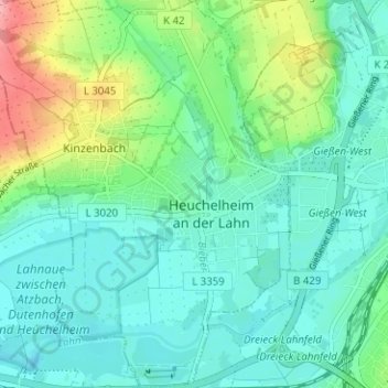 Топографическая карта Heuchelheim, высота, рельеф