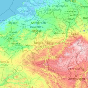 Топографическая карта Бельгия, высота, рельеф