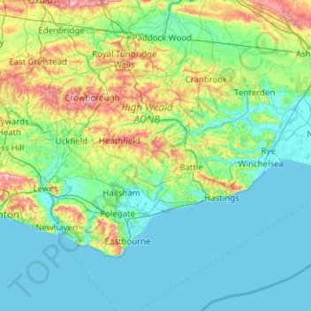 Топографическая карта Восточный Суссекс, высота, рельеф