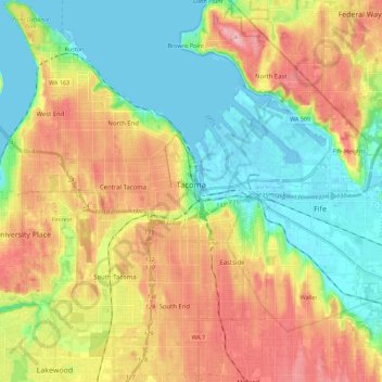 Топографическая карта Такома, высота, рельеф