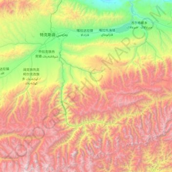 Топографическая карта 特克斯县, высота, рельеф