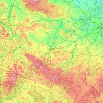 Топографическая карта Тюрингия, высота, рельеф