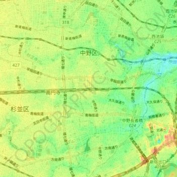 Топографическая карта Накано, высота, рельеф