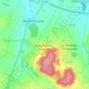 Топографическая карта Bazoches-sur-Guyonne, высота, рельеф