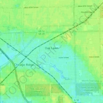Топографическая карта Oak Lawn, высота, рельеф