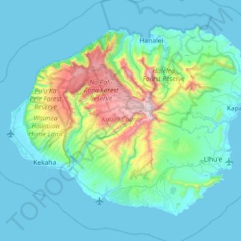 Топографическая карта Kauai, высота, рельеф
