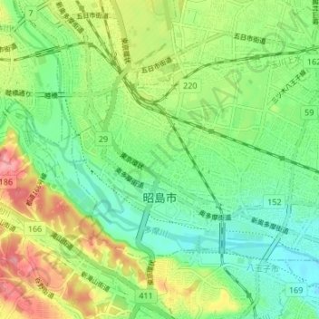 Топографическая карта 昭島市, высота, рельеф
