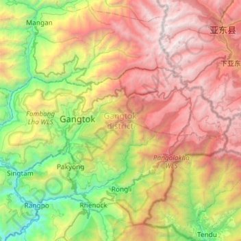 Топографическая карта Gangtok district, высота, рельеф