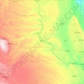 Топографическая карта South Dakota, высота, рельеф