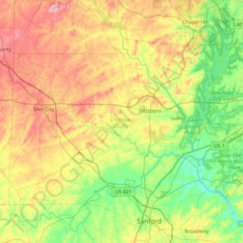 Топографическая карта Chatham County, высота, рельеф