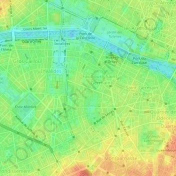Топографическая карта Paris 7e Arrondissement, высота, рельеф