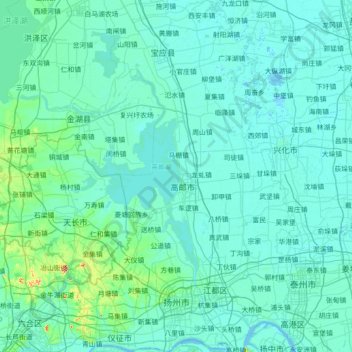 Топографическая карта Yangzhou City, высота, рельеф