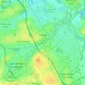 Топографическая карта Troyes, высота, рельеф
