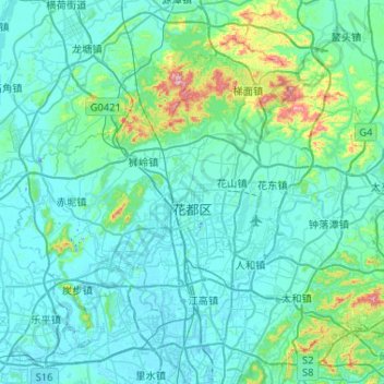 Топографическая карта 花都区, высота, рельеф
