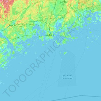 Топографическая карта Хельсинки, высота, рельеф